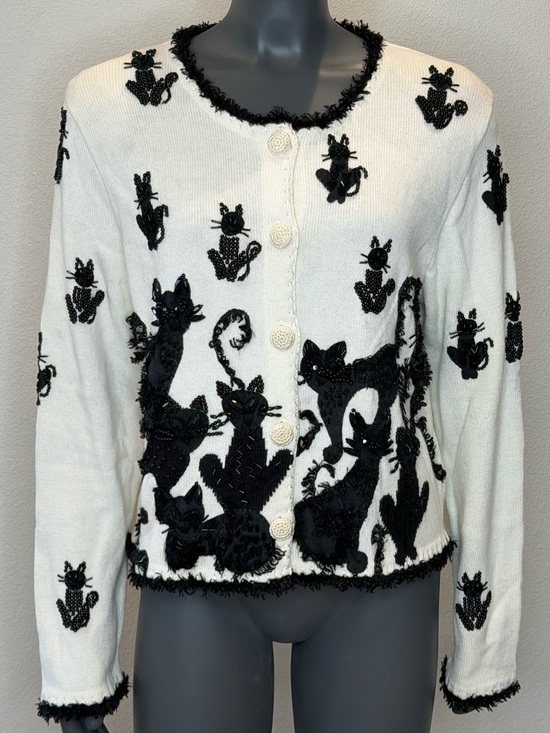 Michael Simon Sweaters - Vintage Michael Simon Knit Black Cat Button up Cardigan size XL Grannycore